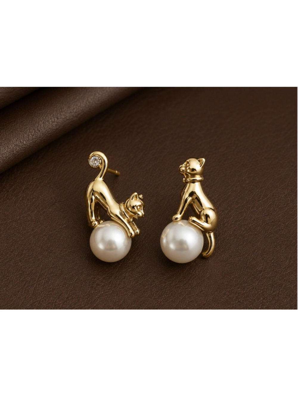Gold Pearl Cat Earrings Ball Museum Whimsical Animal Art Boho Mismatch Retro VTG